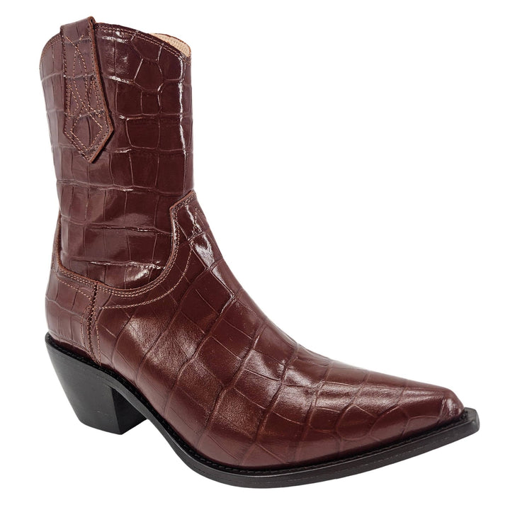 Madison Maison Chocolate Leather Croc Embossed Pointy  Ankle Boot