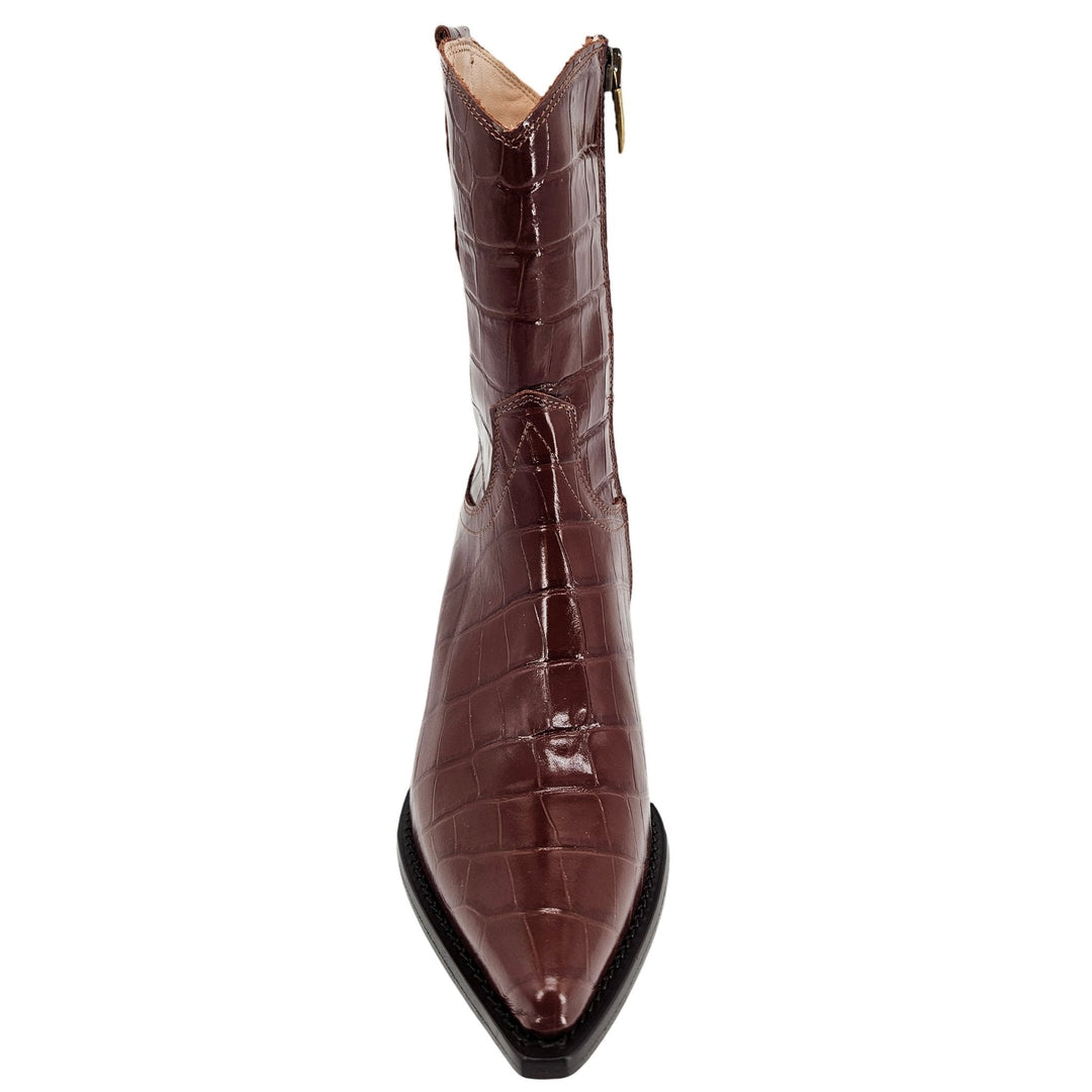 Madison Maison Chocolate Leather Croc Embossed Pointy  Ankle Boot