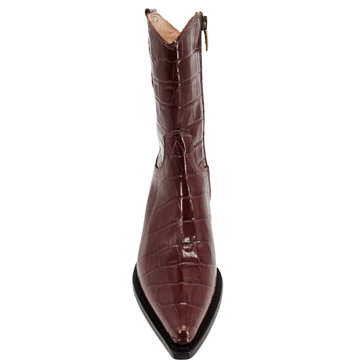 Madison Maison Chocolate Leather Croc Embossed Pointy  Ankle Boot