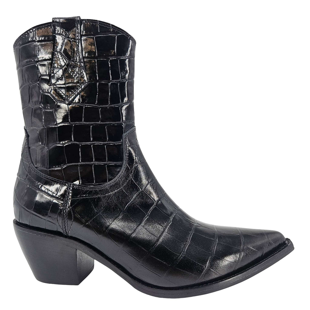 Madison Maison Black Leather Croc Embossed Pointy Ankle Boot