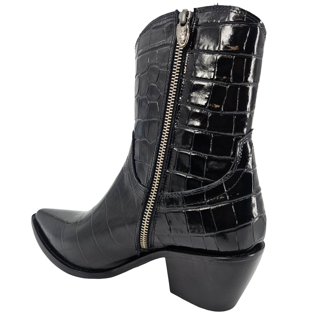Madison Maison Black Leather Croc Embossed Pointy Ankle Boot