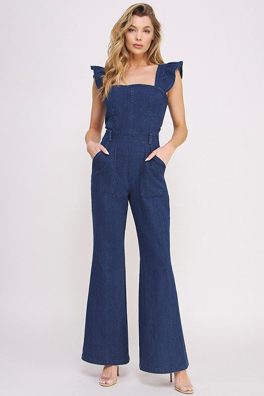 Denim Ruffle Flair Leg Jumpsuit