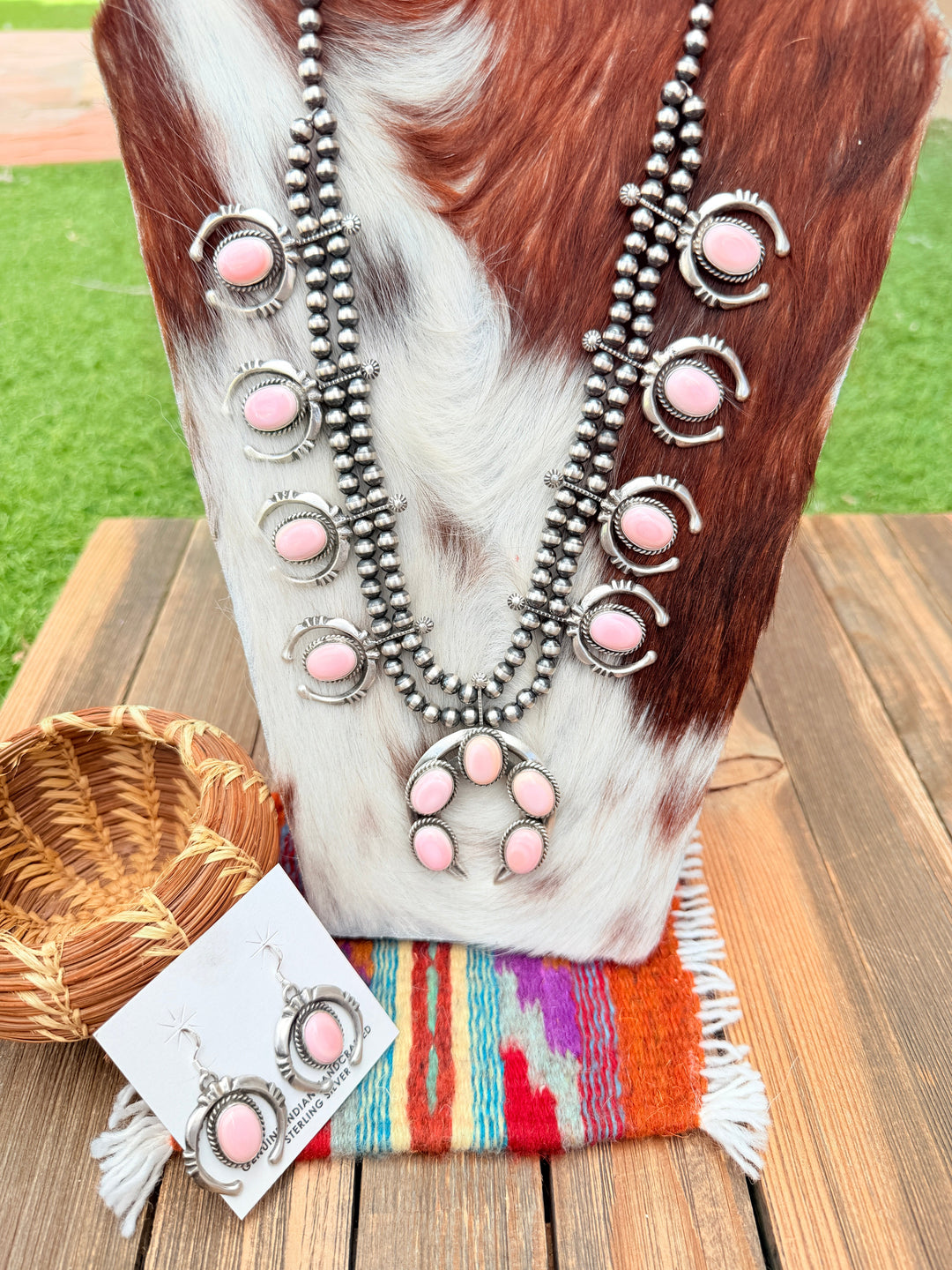 Handcrafted Sterling Silver & Queen Pink Conch Squash Blossom Necklace Set Nizhoni Traders LLC