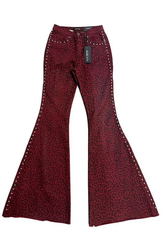 Burgundy Leopard Studded Bell Bottom Pant -34” Inseam