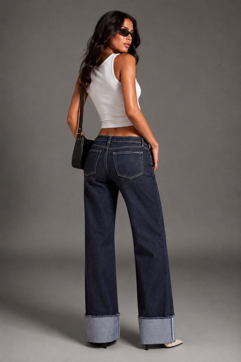 Silver Static Low Rise Wide Leg Cuffed Jeans -Indigo