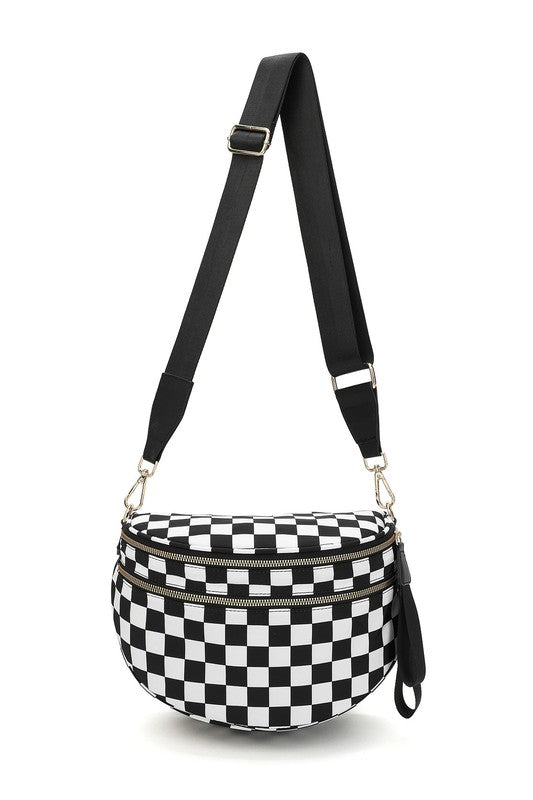 First To Finish Checkered Crossbody Crescent Bag