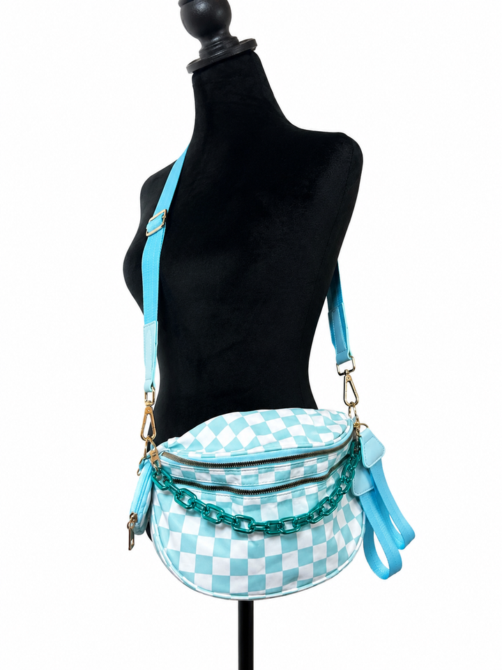 Turquoise Alley Checkered Crescent Crossbody Bag w/ Chain Neon Spur