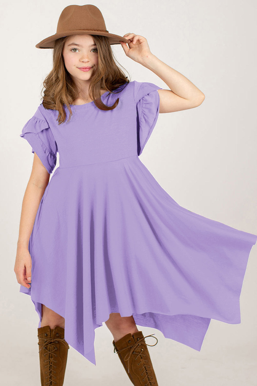 Round Neck Petal Sleeve Girls Dress