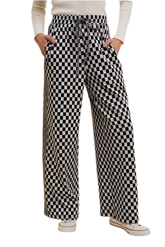 AW Drawstring Checkered Wide Leg Pants