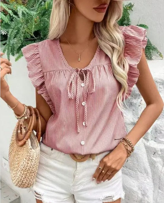 Striped Ruffle Tie Front Blouse Miss Sparkling