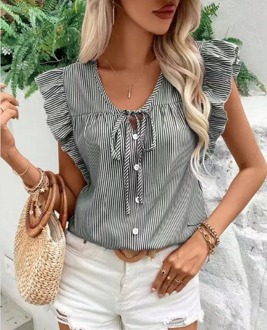 Striped Ruffle Tie Front Blouse Miss Sparkling