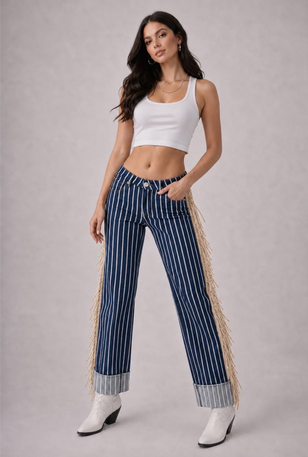 Desert Drifter Striped Wide Leg Cuffed Fringe Denim Jeans Neon Spur