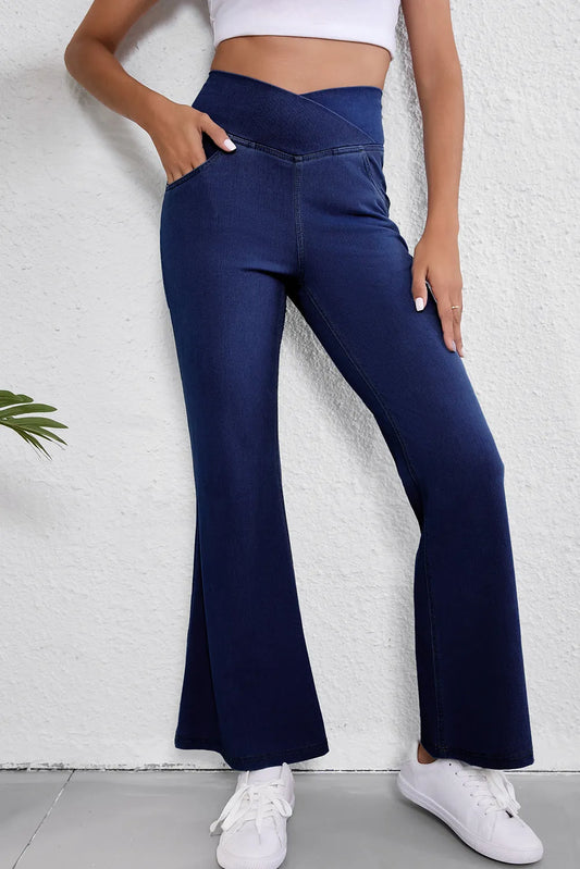 Stretch Waist Asymmetric Waist Flare Jeans