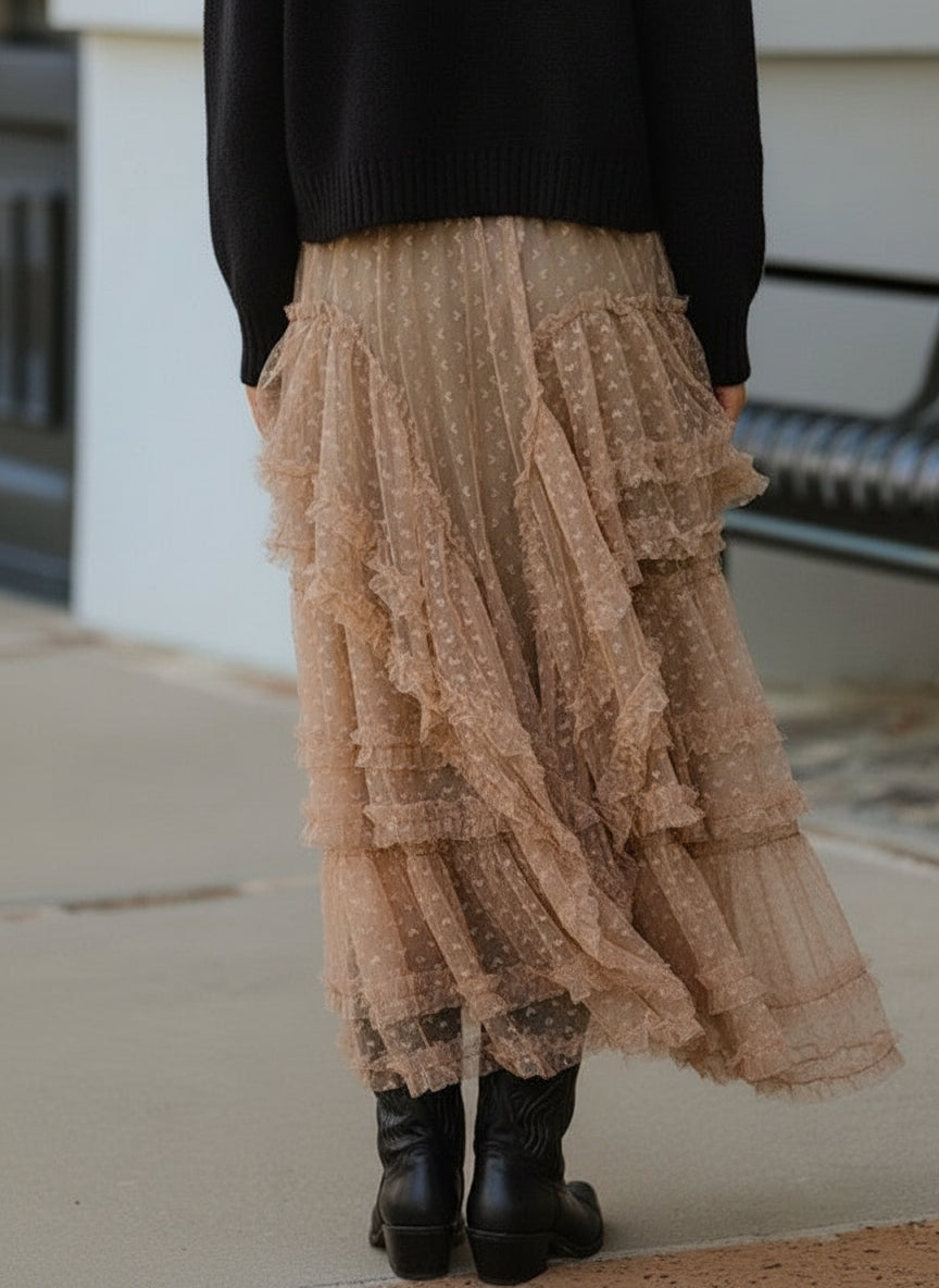 Mesh Ruffle Maxi Skirt