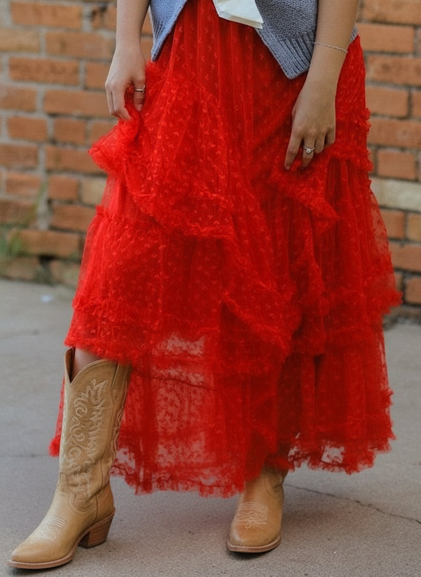 Mesh Ruffle Maxi Skirt