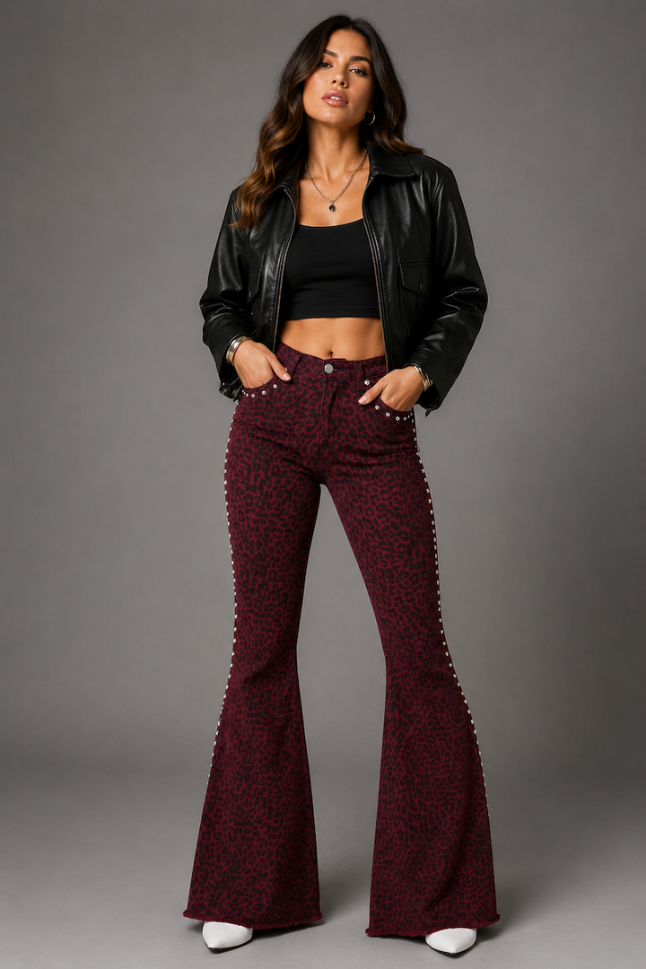 Studded Wine Leopard Print Bell Bottom Jeans GJG DENIM