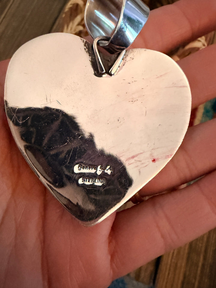 Handcrafted Coral & Sterling Silver Heart Cross Pendant by Geneva Apachito Nizhoni Traders LLC