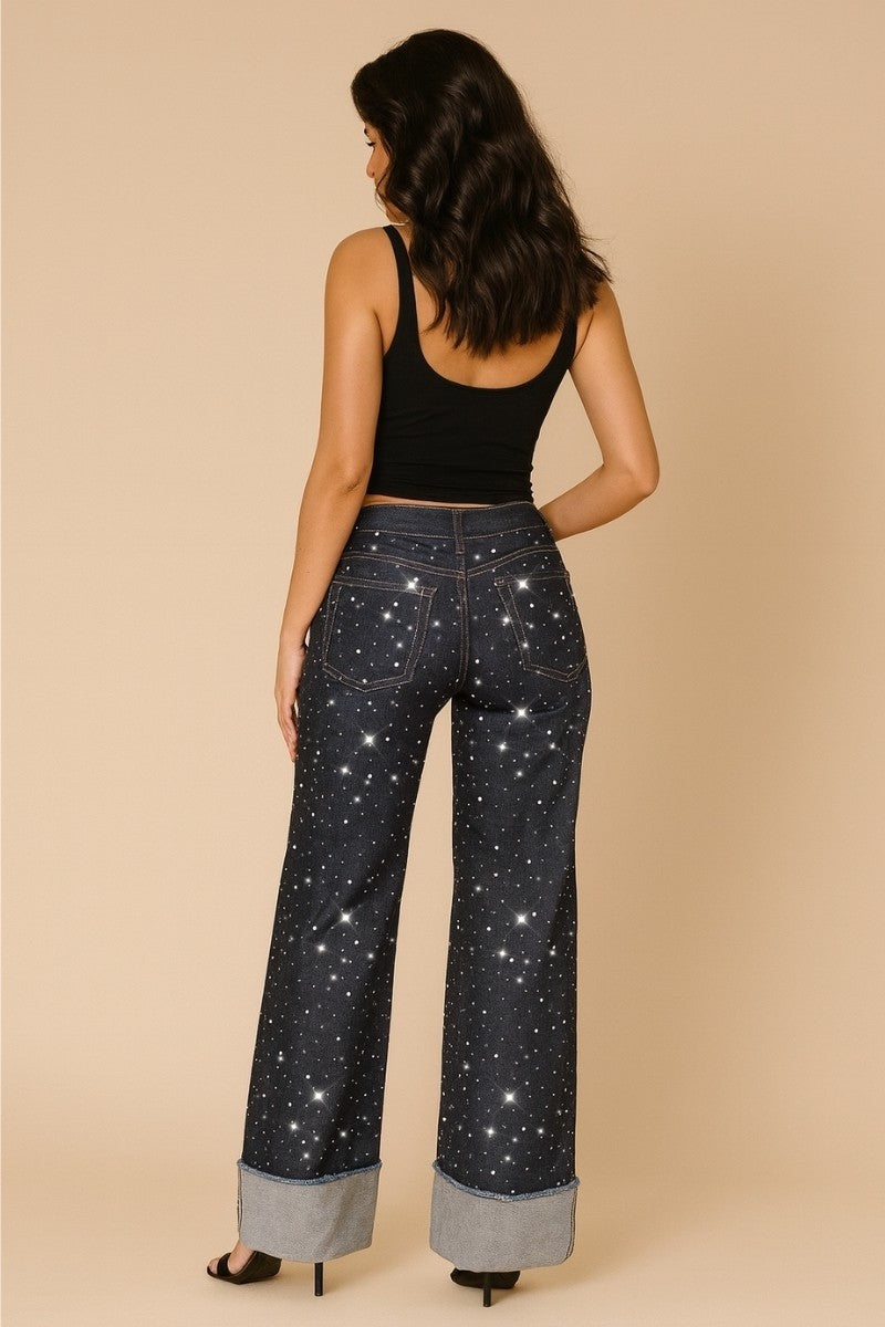 Gary Low Rise Rhinestone Wide Leg Cuffed Jeans - Rinse Wash GJG DENIM