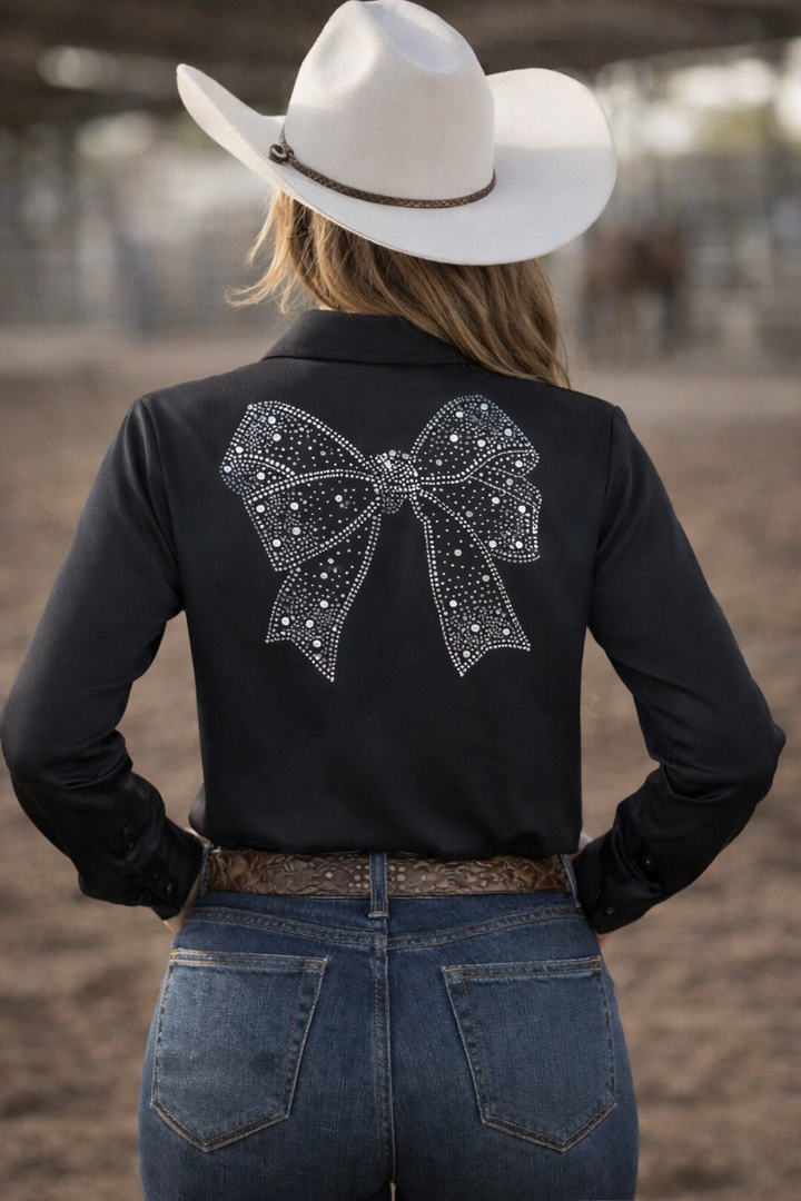 Midnight Glam Bow 4 Way Stretch Button Up Rodeo Shirt -Black
