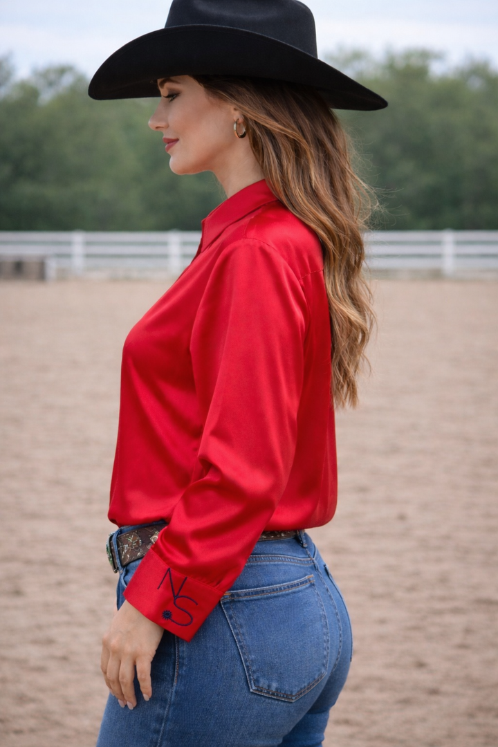 Neon Spur Embroidered Logo Satin Button Up Rodeo Shirt -Red