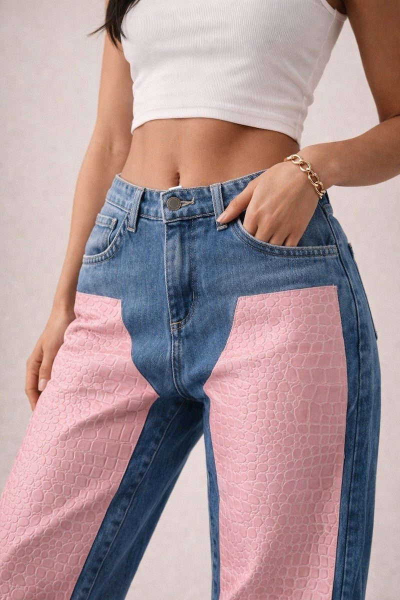 Low Rise Cuffed Jeans with Pink Vinyl Croc Panels GJG DENIM