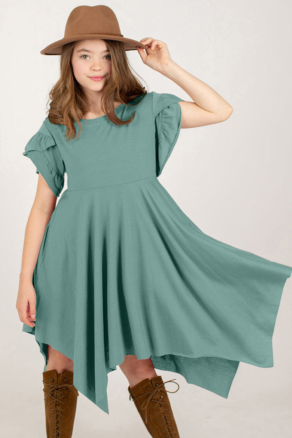 Round Neck Petal Sleeve Girls Dress