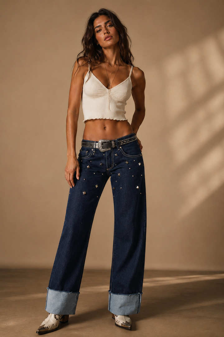 Silver Static Low Rise Wide Leg Cuffed Jeans -Indigo