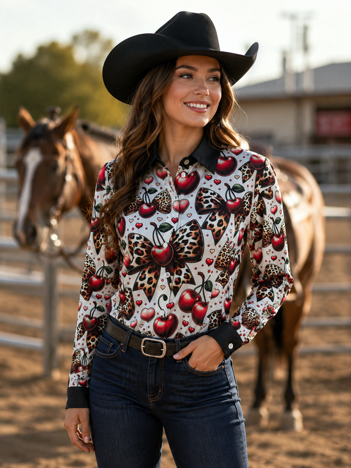 Cherry Bomb Stain Resistant Button Up Rodeo Shirt Blouse Neon Spur