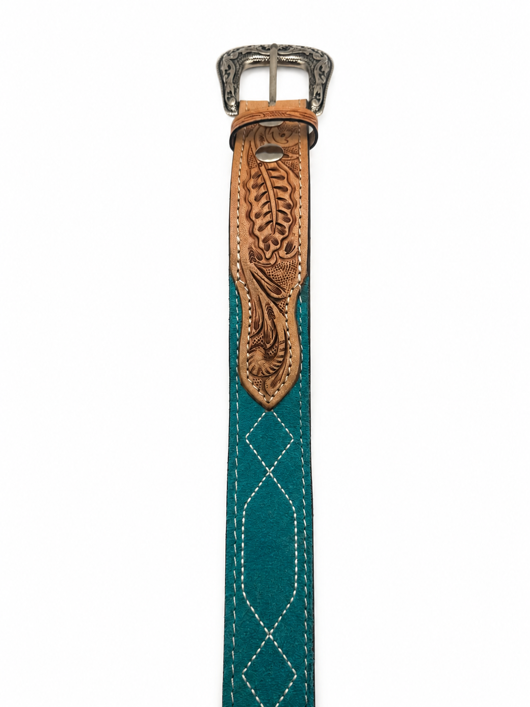 Western Stitch Genuine Suede & Hand Tooled Leather Belt -Turquoise Neon Spur