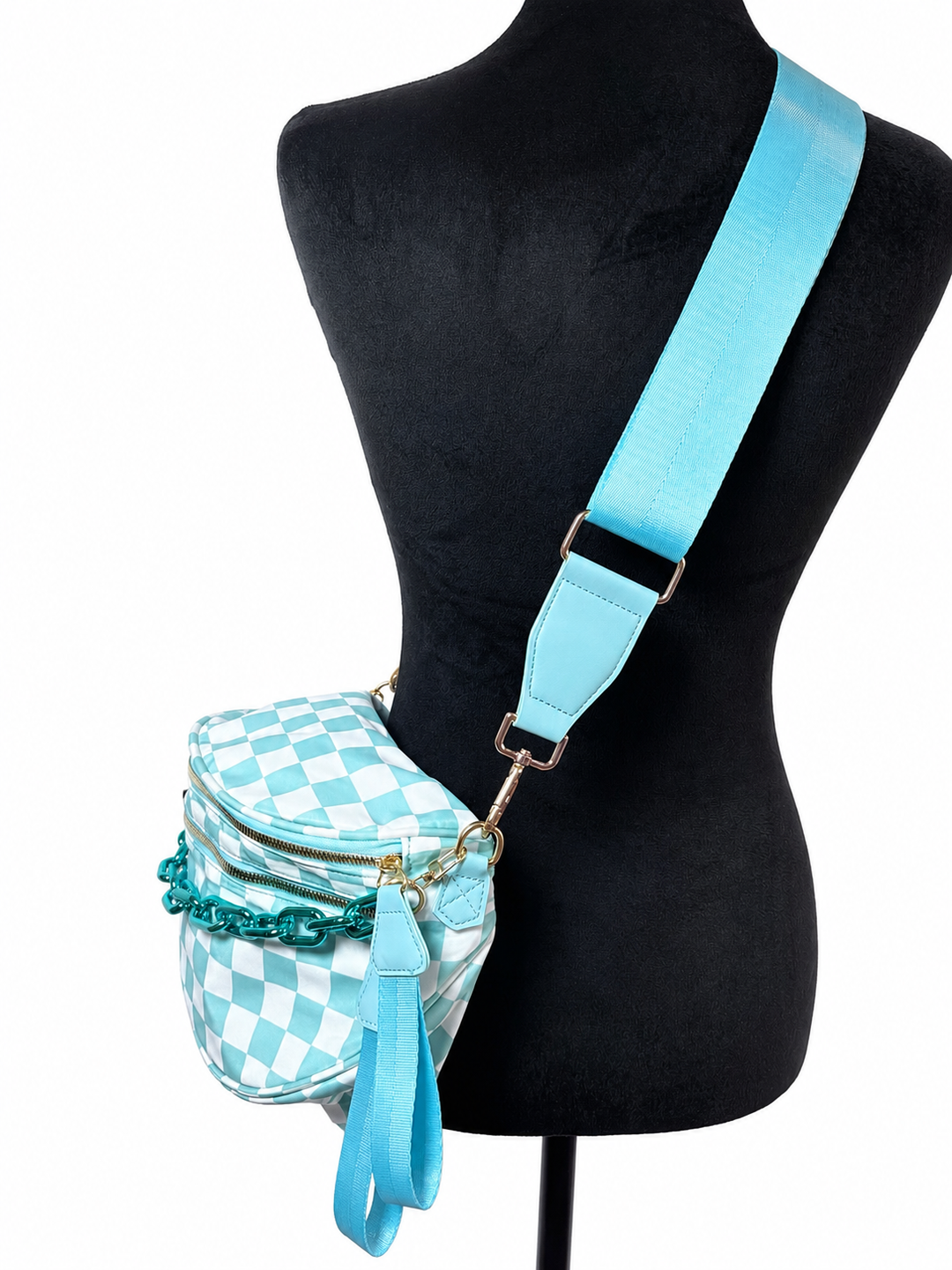 Turquoise Alley Checkered Crescent Crossbody Bag w/ Chain Neon Spur