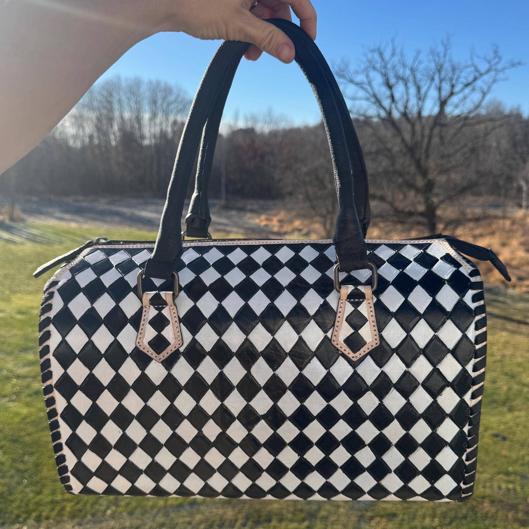 Black and White Speedy Checkered Genuine Western Cowhide Leather Purse Double B Wild Rags