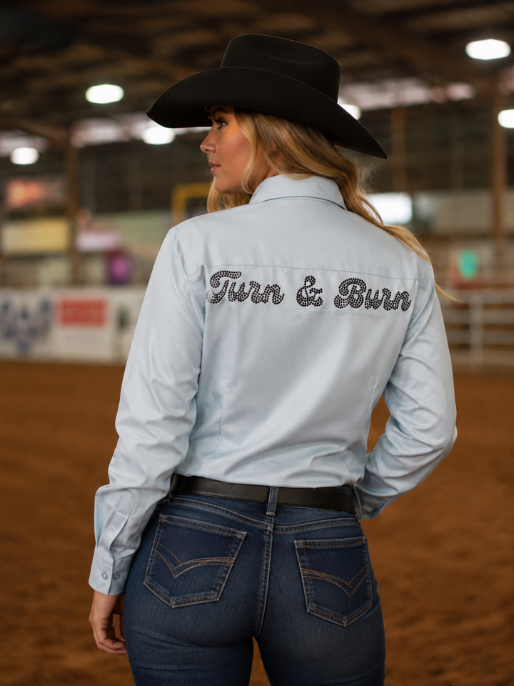 Black Crystal Turn & Burn Classic Button-Up Rodeo Shirt -Light Blue Neon Spur