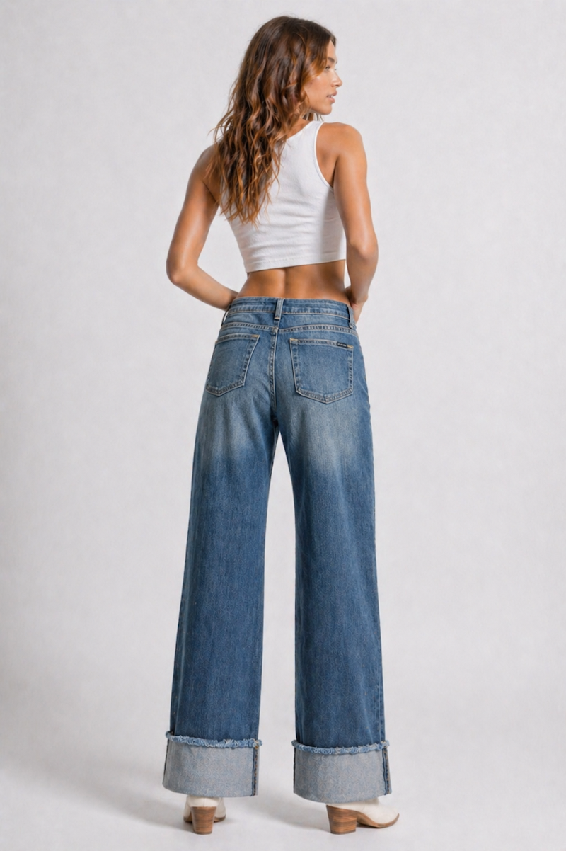 Venta Stud Low Rise Cuffed Wide Leg Jeans GJG DENIM