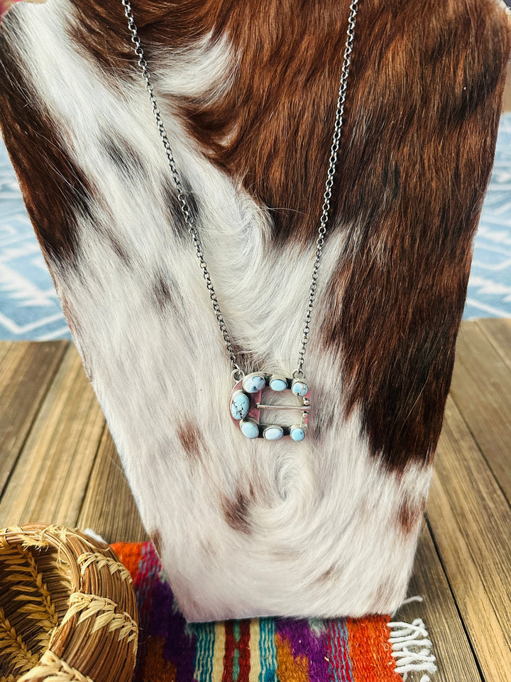 Handcrafted Golden Hills Turquoise & Sterling Silver Belt Buckle Necklace by Russell Sam