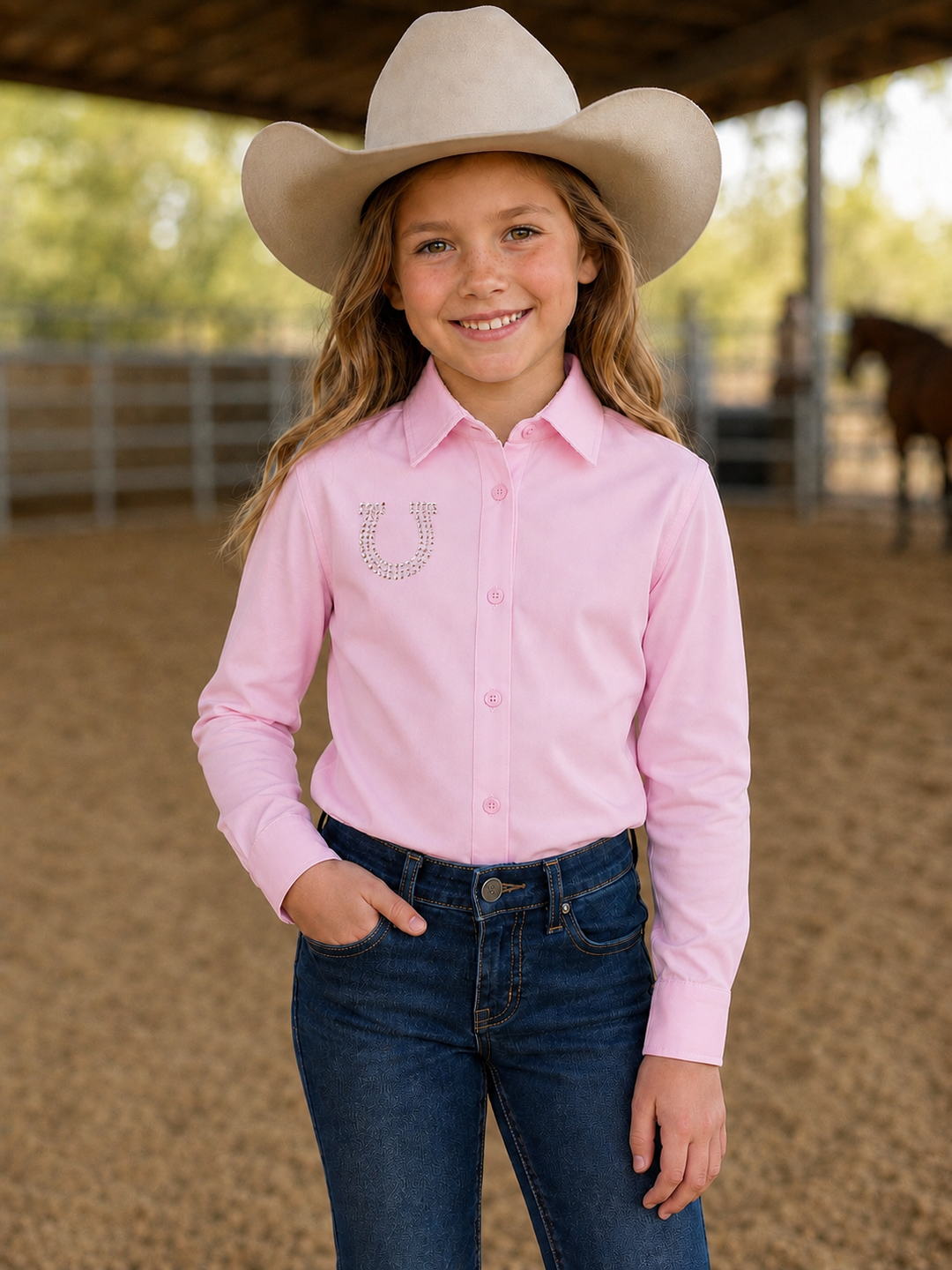 Lucky Charm Rhinestone Horseshoe Girls Button Up Rodeo Shirt Blouse -Pink Neon Spur