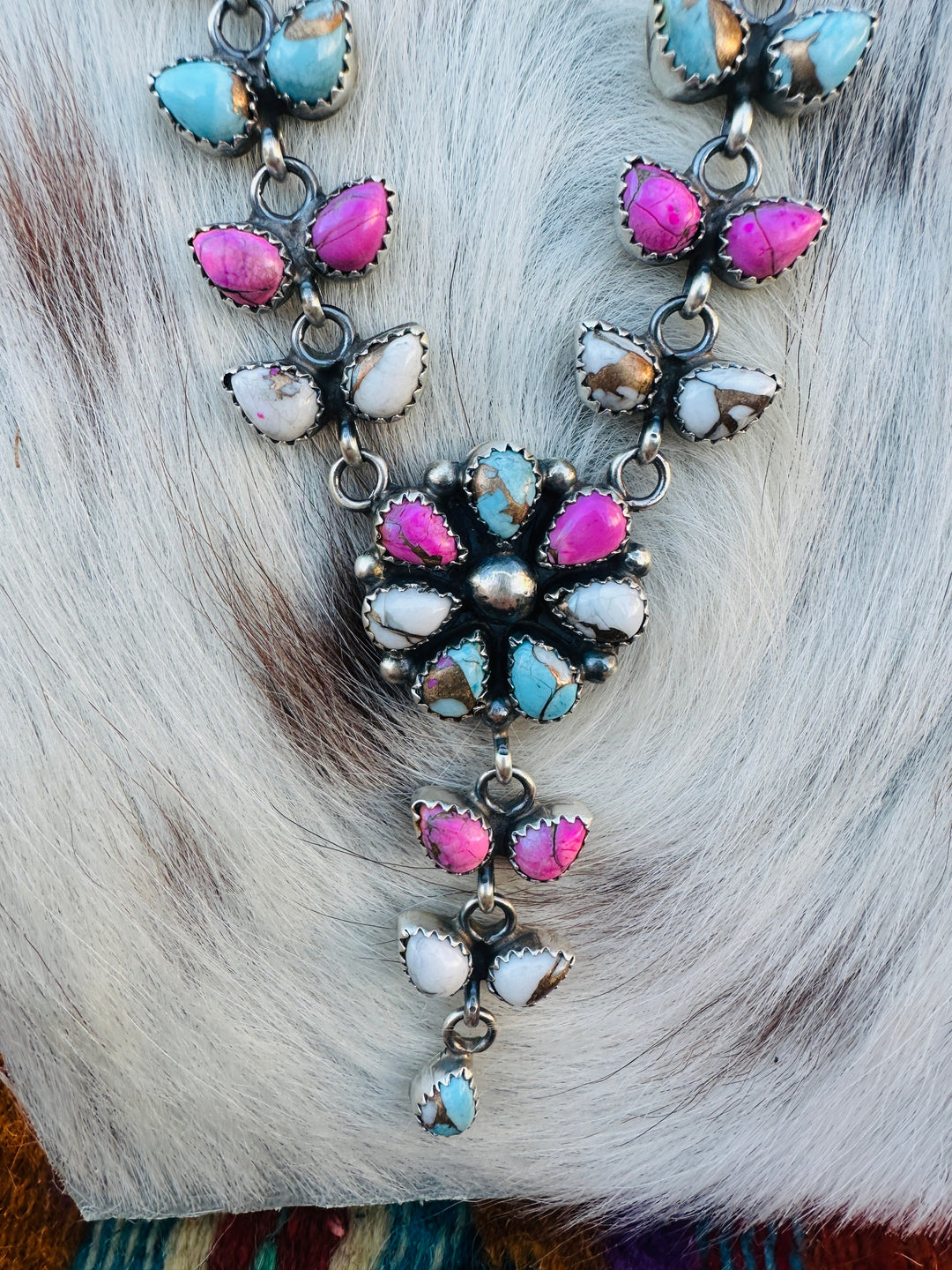 Handcrafted Cotton Candy Turquoise & Sterling Silver Flower Cluster Necklace by Pearlene Spencer