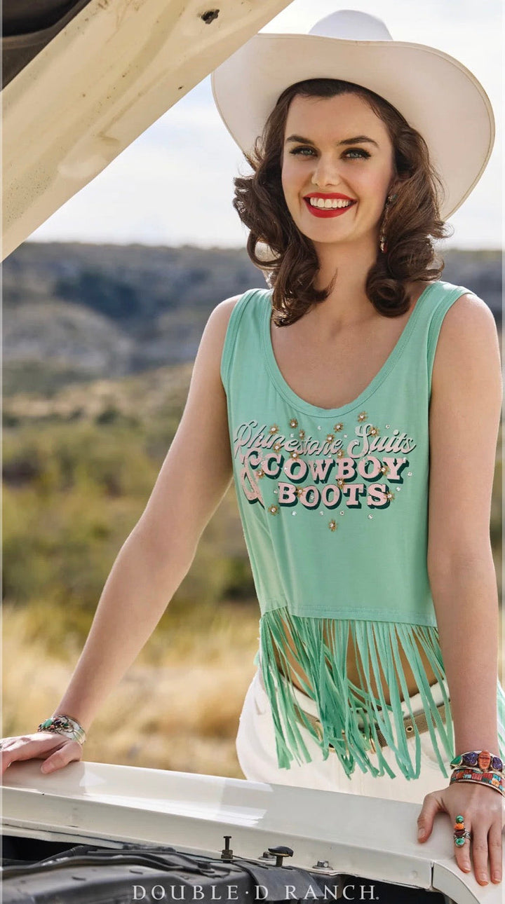 Double D Ranch Rhinestone Suits & Cowboy Boots Fringe Tank Top Neon Spur