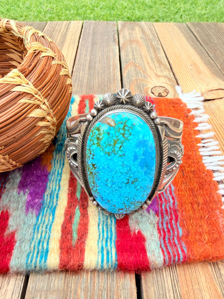 Handcrafted Kingman Web Turquoise & Sterling Silver Cuff Bracelet By Aaron Toadlena