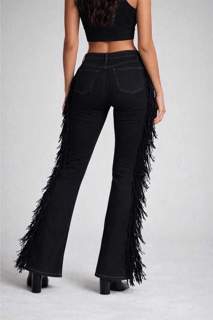 Made in USA Mid-Rise Black Boot Cut Jean with Fringe & Stud Detail GJG DENIM