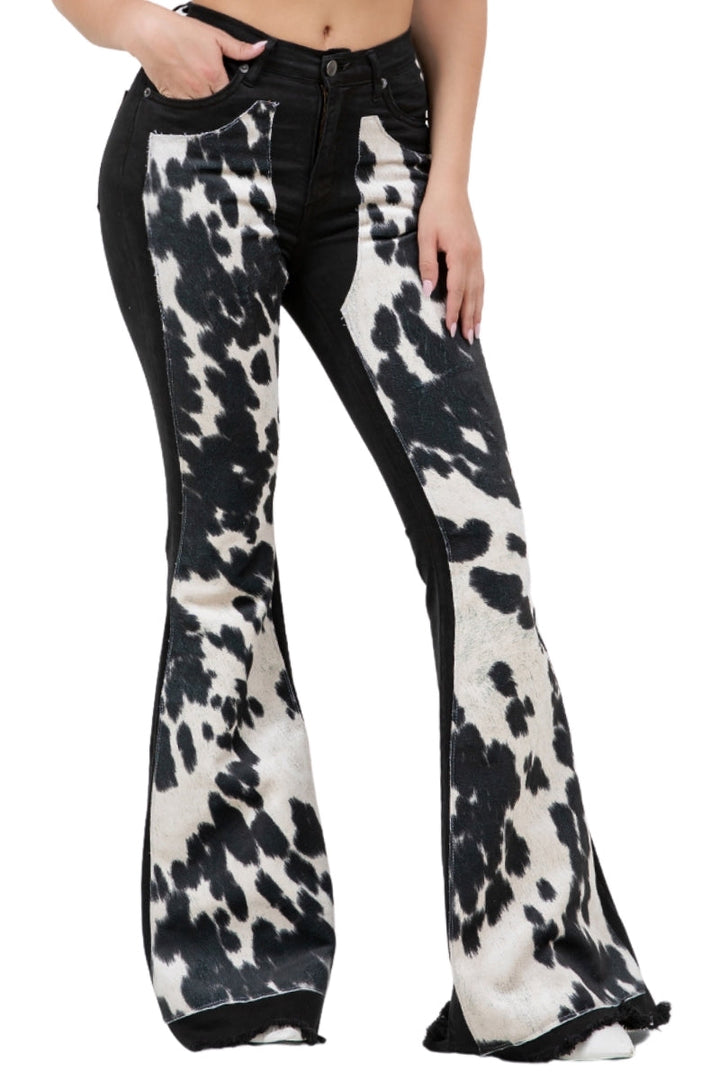 Rodeo Faux Cowhide Chap Panel Bell Bottom Jeans -Black Denim GJG DENIM