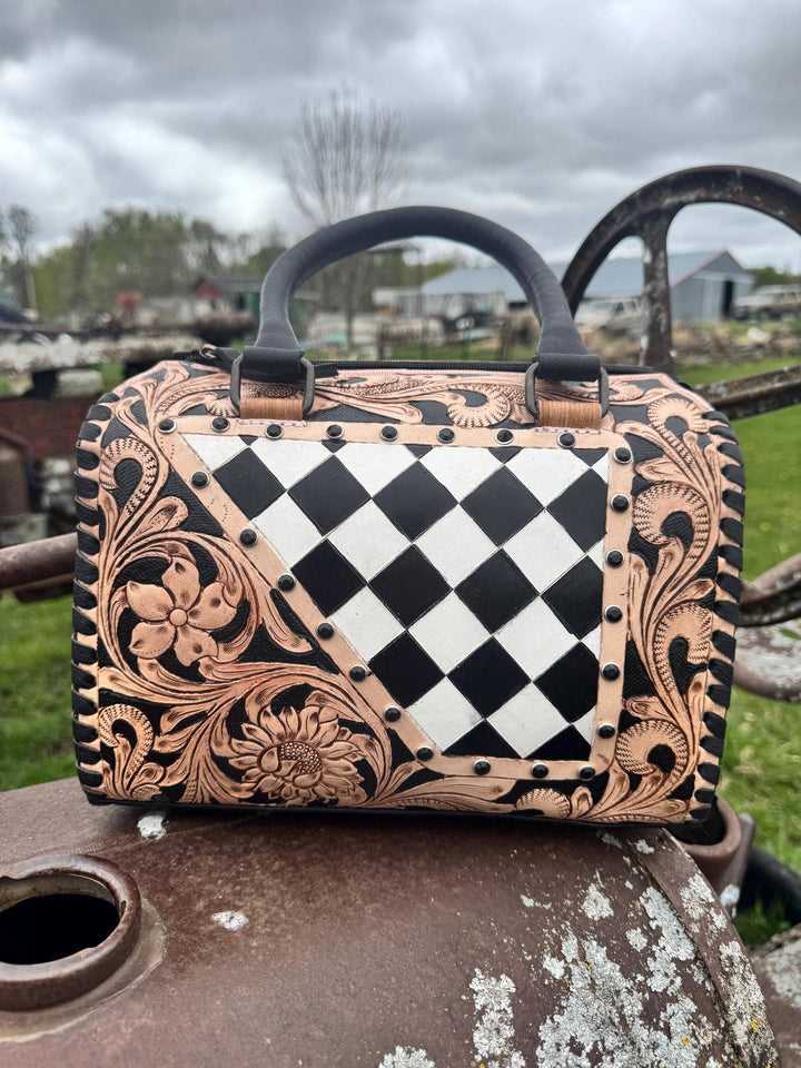 Tooled Leather Western Black and White Checkered Speedy Bag Double B Wild Rags