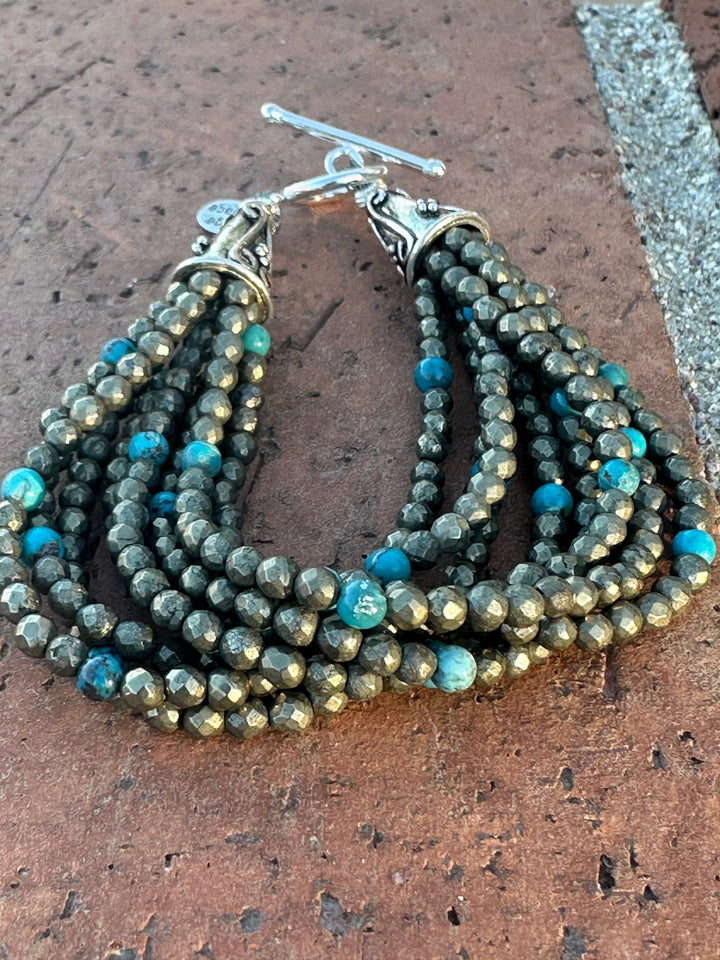 Paige Wallace Handmade Pyrite, Turquoise & Sterling Silver Beaded 8 Strand Bracelet