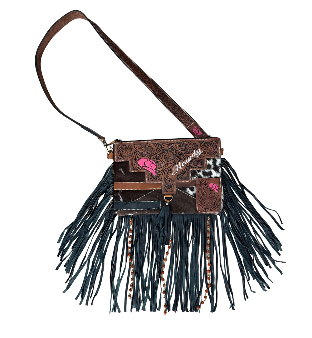 Howdy Tooled Leather Handbag Neon Spur