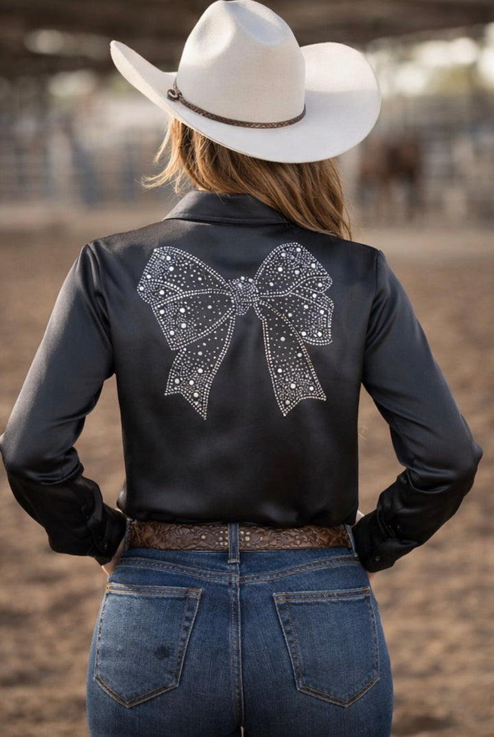 Midnight Glam Bow Button Up Rodeo Shirt -Matte Satin Blouse *Sample Sale* Neon Spur