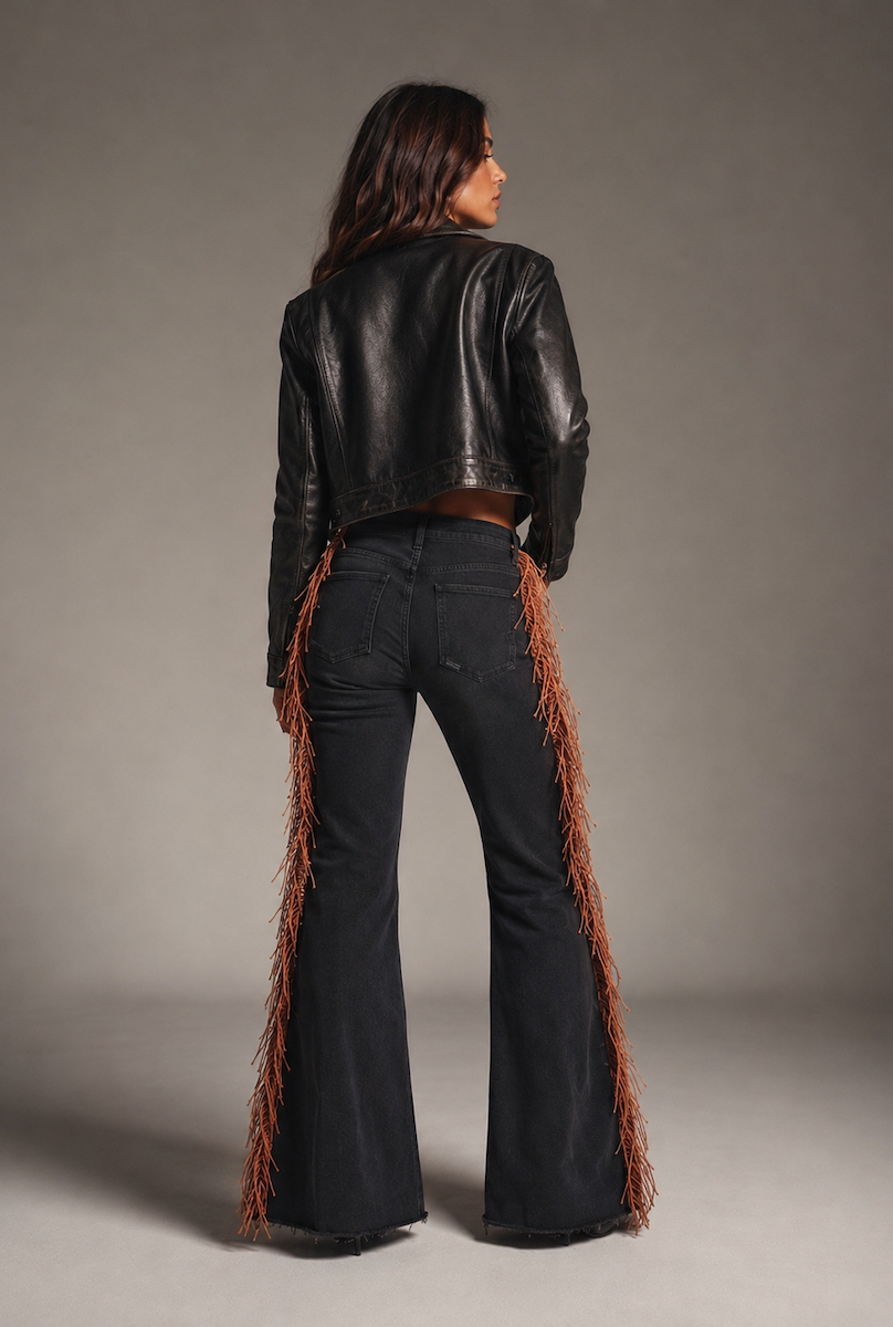 Brown Fringe Texas Sun Bell Bottom Jeans GJG DENIM