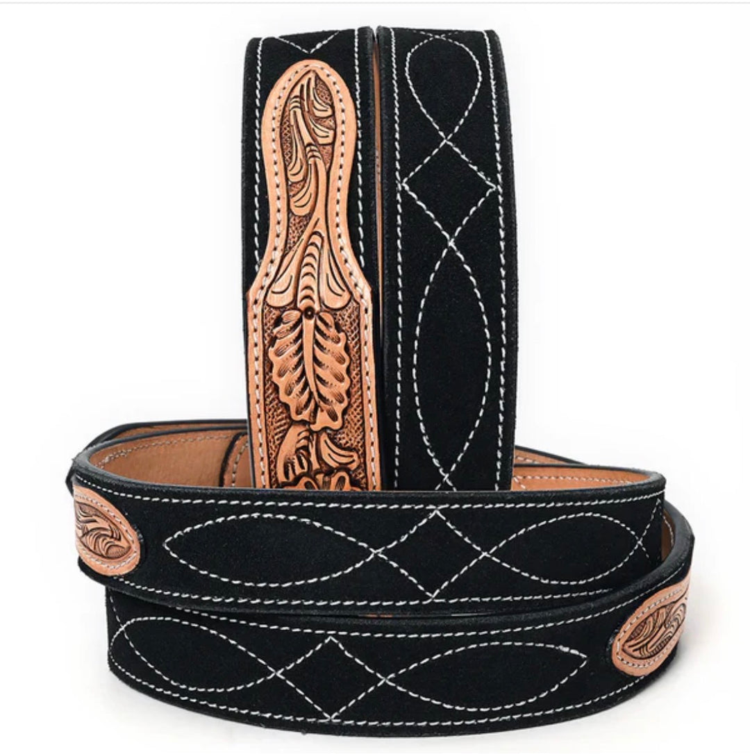Western Stitch Genuine Suede & Hand Tooled Leather Belt -Black