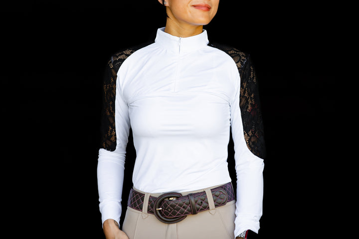 White & Black Lace Long Sleeve Zip Front Riding Shirt