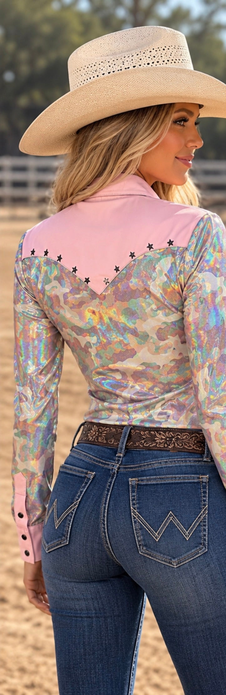 Bubblegum Camo Holographic Pearl Snap Rodeo Shirt
