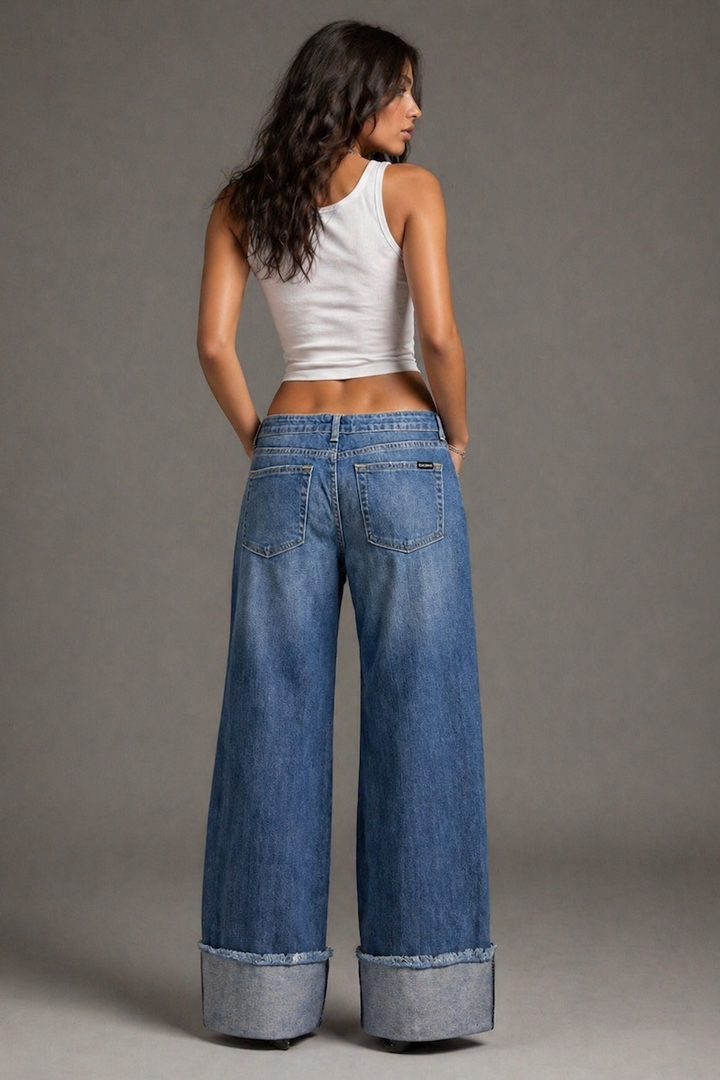 Dakota Drift Faux Cowhide Western Detail Low Rise Wide Leg Cuffed Jeans - Medium Wash GJG DENIM