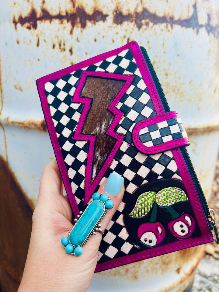 Pink Electric Rodeo Checkers Long Wallet Neon Spur
